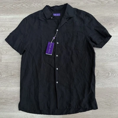 NWT Ralph Lauren Purple Label Pocket Camp Shirt Men’s M Black Linen Blend Italy - Image 1 of 4