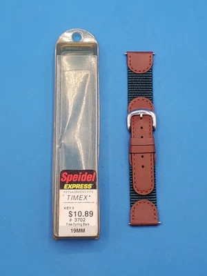 Speidel Express Timex 19 mm Watch Band Bracelet Navy Woven & Brown Leather NOS - Image 1 of 4