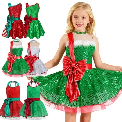EE. UU. Niñas Disfraz de Papá Noel Bastón de Caramelo Baile Unitard Mono Vestido de Rendimiento Foto 1 de 4