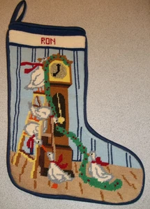 Needlepoint Christmas Stocking w/name "RON" With Geese and Grandfather Clock Vtg - Picture 1 of 7