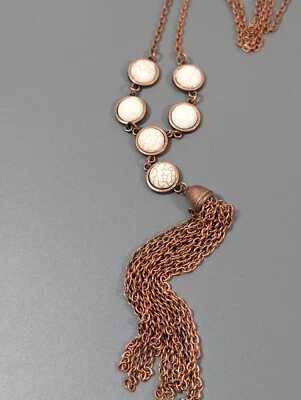 Collar Western Boho Tono Cobre Piedra Blanca Cabujón Cadena Borla Y Gota 34 pulgadas Foto 1 de 4