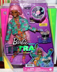 NIB 2020 #10 BARBIE EXTRA DOLL PINK BRAIDS FLORAL JEAN JACKET & JOGGER MOUSE DJ - Picture 1 of 23
