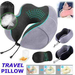 Memory Foam Travel Pillow Neck Support Cushion With Carry Bag Ear Plugs Mask UK - Picture 1 of 16