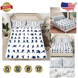 Vibrant Hockey Player Fitted Sheet Set for Full Beds - Sports Decor for Kids - Picture 1 of 8