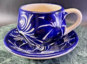 Oaxaca Mexican Pottery Cup & Saucer, Blue & White Kakawa Chocolate Cup Santa Fe - Picture 1 of 7