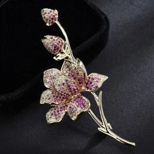 2.00Ct Round Cut CZ Ruby Rose Flower Brooch Pin 14K Yellow Gold Plated - Picture 1 of 6