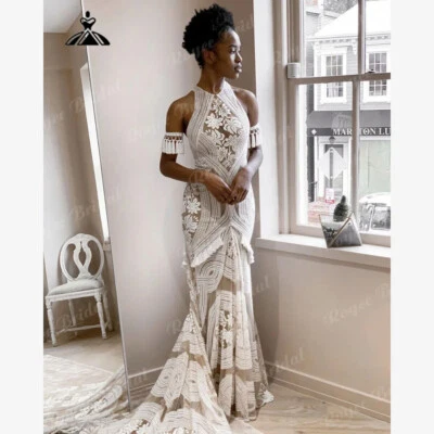 Lace Halter Neck Mermaid Boho Bohemian Wedding Dress Bridal Gown Sweep Train - Image 1 of 4
