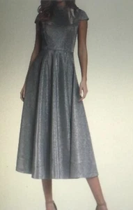 Mac Duggal Schimmerkappe Ärmel Mock Ausschnitt A-Linie Midi silber Kleid - Größe 6 Original $ 378 - Bild 1 von 5