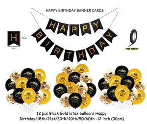 Juego de globos de látex decoraciones de feliz cumpleaños dorado negro banderín tarjetas edad - Imagen 1 de 16