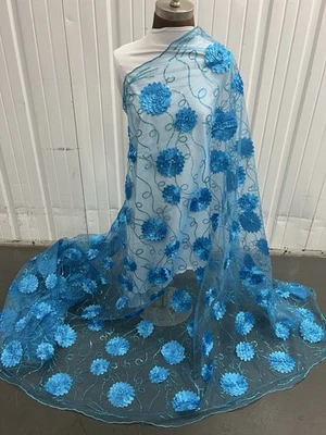 Turquoise Multi Sequins Embroidery Lace Fabric 50” Width Sold By Yard - Image 1 of 4