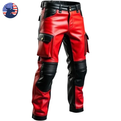 Pantalón de cuero de vaca suave rojo y negro genuino para hombre bolsillos de carga café corredor Foto 1 de 4