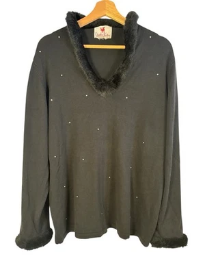 Quacker Factory Sweater Womens 2X? Black Fur Trimmed Collar Rhinestones - Image 1 of 4