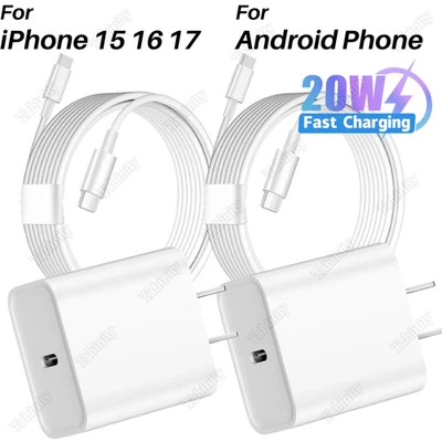 For iPhone Air 17 16 15 Android Fast Charger Cord 20W USB C Type C Adapter Block - Image 1 of 4