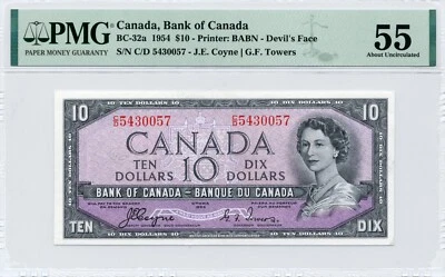 1954 $10 DEVIL'S FACE Bank of Canada, BC-32a - Choice About UNC, PMG AU55 - Image 1 of 2