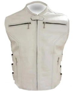 Mens Biker Style Vest Real White Leather Motorcycle Waistcoat - Picture 1 of 3