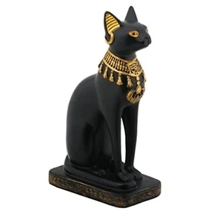 Ancient Egyptian Sitting Black and Gold Bastet Cat Figurine Egypt Hieroglyphics - Picture 1 of 2