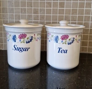 BHS Priory tea/sugar Jars Canisters with Lids Blue Floral Tableware - Picture 1 of 6