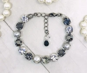 Jet Black and Gray Pearl Crystal Tennis Bracelet, Neutral Layering Bracelet - Picture 1 of 7