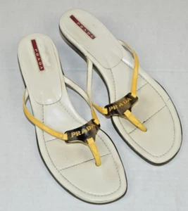 Prada Kitten Heels VTG 80s Glossy Yellow Leather Metallic Prada Detail Sz 10.5 - Picture 1 of 8