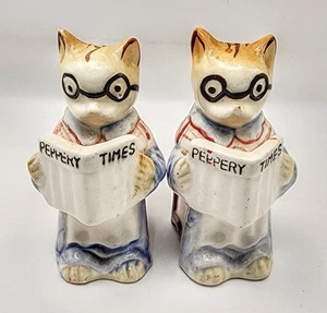 ​VTG MCM Pacific Clay Cat Salt & Pepper Shakers Reading Newspaper Peppery Times - Picture 1 of 9