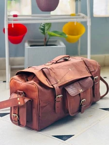 Men's New Real Goat Leather Gym Holdall Updated bag Travel Luggage Duffel - Picture 1 of 8