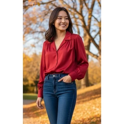 Liz Baker 女式纽扣长袖领衬衫 18W 码红色圣诞节 — 第 1/4 张图片