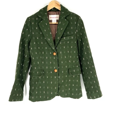 Anthropologie Madchen Blazer Medium Green Leather Button Fisherman Academia Wool - Image 1 of 4