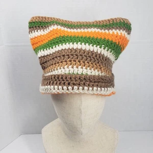 Katzenohr Beanie Häkelmütze braun grün Streifen Handarbeit Strick Kätzchen weich Winter - Bild 1 von 10