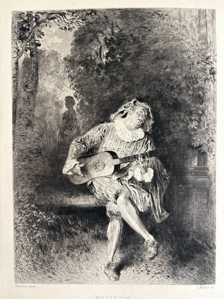 Antoine Watteau gravure Eau Forte Etching Mezzetin Musique Guitare Guitariste - Photo 1/4