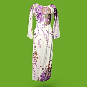 VESTIDO/TÚNICA VINTAGE HECHO A MANO TOP aberturas muy altas gasa blanco púrpura talla 0 XS 4I - Imagen 1 de 8