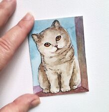 aceo original painting animal Portrait of a cute white cat watercolor