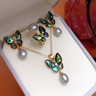 Abalone Shell Butterfly 7-8mm Gray Freshwater Pearl Necklace Earrings Ring Set 