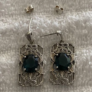 Blue Sapphire CZ 925 Sterling Silver Edwardian Style Post Earrings - Picture 1 of 14