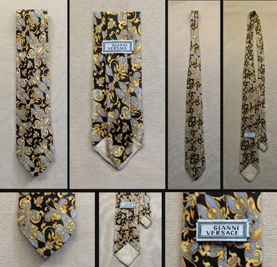Corbata de seda vintage Gianni Versace plateada y dorada cachemira (usada) Foto 1 de 4