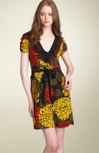 $345 ~LEIFSDOTTIR ANTHROPOLOGIE~ RUFFLED & BELTED FLARE DRESS - BLACK MULTI 8 - Picture 1 of 6