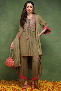 Indian For Women Olive Green Pure Cotton Solid Embroidered A-Line Suit Set - Picture 1 of 5