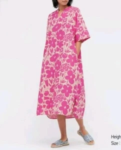 Marimekko Uniqlo Linen Blend Kaftan Dress UK 10 12 Flowers Floral Pink XS - Picture 1 of 13