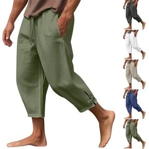 Men's Summer Cotton Linen Drawstring 3/4 Length Pants Casual Baggy Capri Shorts - Picture 1 of 27