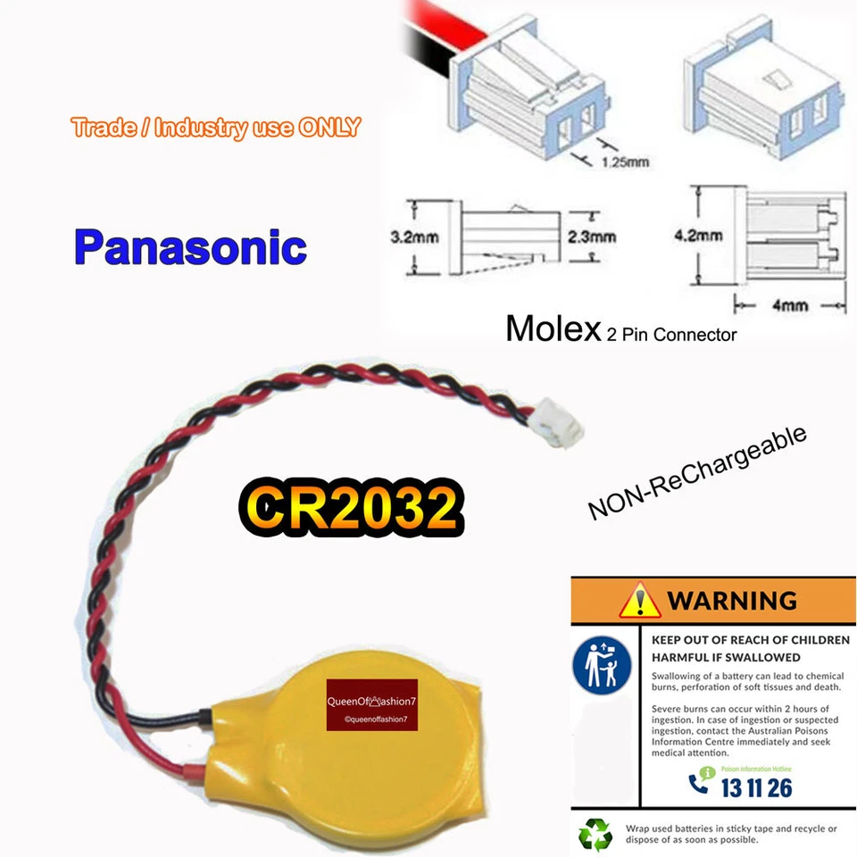 Panasonic CR2032 CMOS Battery Laptop Motherboard BIOS Molex 2 Pin Connector - image 1 of 1