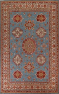 Geometric Light Blue/ Ivory Super Kazak 10x14 Area Rug Hand-Knotted Wool Carpet - Picture 1 of 12