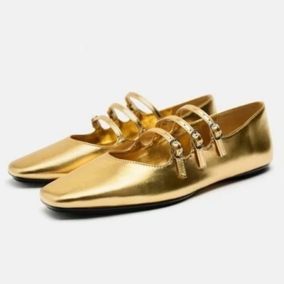 Pisos de ballet Zara dorados metálicos con hebillas y correas talla 9 vacaciones formales Foto 1 de 4
