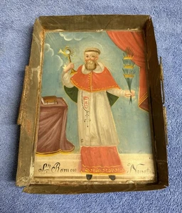 Genuine Antique Mexican Retablo - Oil on Tin - SAN RAMON NONATO - Picture 1 of 9