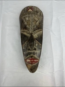 Vintage African Tribal Mask 15” Hand Crafted Wood w/Metal Inlays Wall Decor B6 - Picture 1 of 7