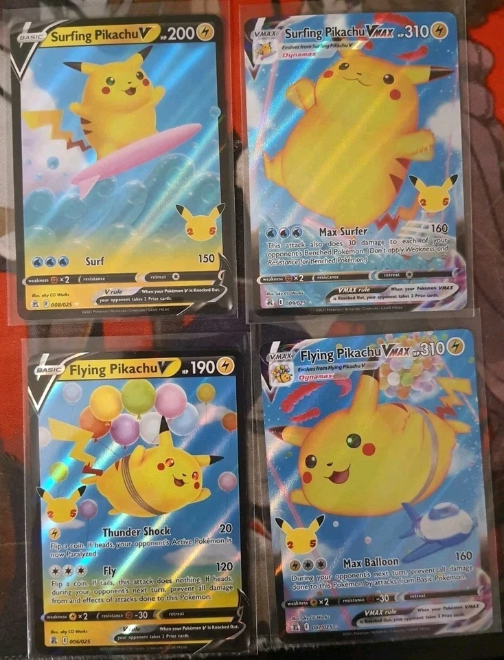 Surfing Pikachu & Flying Pikachu V & Vmax 4 Card Set Pokemon TCG Celebrations NM - Image 1 of 1