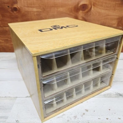 Vintage DMC Embroidery Floss Wood Storage 3 Drawer Box With Dividers A5 - Image 1 of 4