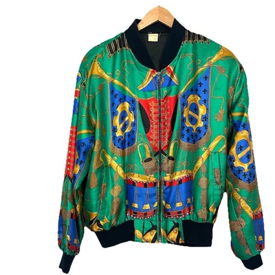 Vtg 80s 90s Green Gold Baroque Military Crest Silky Bomber Jacket L 24x23 Korea — 第 1/4 张图片