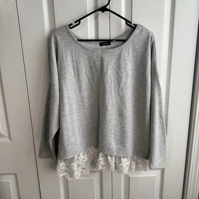 Suéter de punto gris Verve Ami manga 3/4 ribete de encaje para mujer talla 1X” Foto 1 de 4