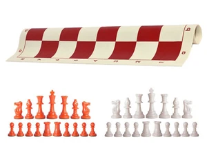 Piezas de ajedrez naranja y blanco y tablero de vinilo rojo de 20" - juego de ajedrez triple ponderado - Imagen 1 de 4