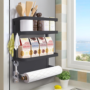 Magnetic Spice Rack Organizer for Refrigerator Paper Towel Holder Shelf Black