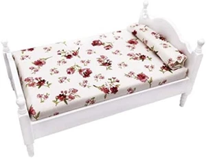 1:12 Decorate Mini House Miniature Furniture Vintage Wooden Bed Red Floral Singl - Picture 1 of 12